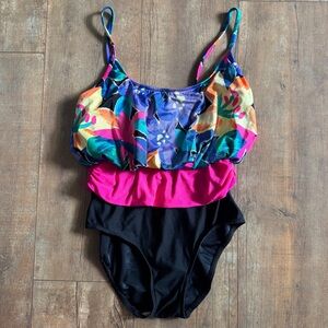 Vintage 90’s Robby Len Bright Floral Colored One Piece Swimsuit Size Medium
